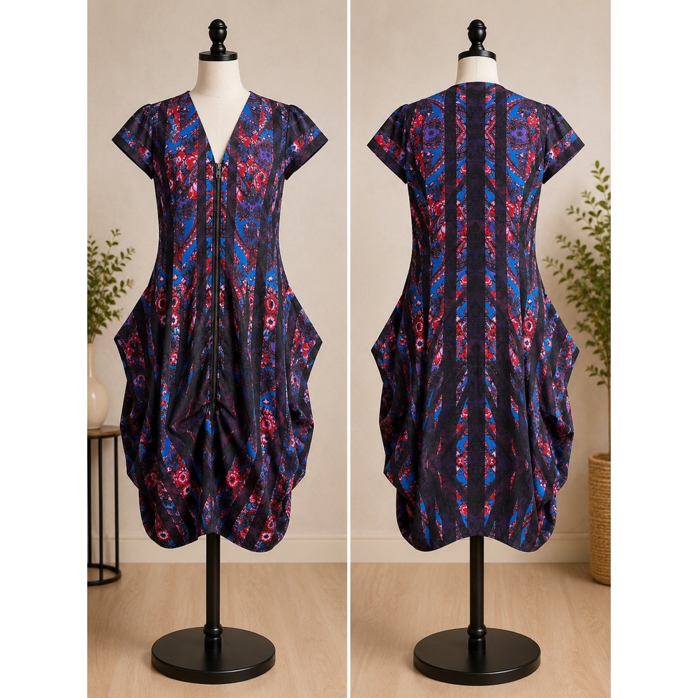 City Chic XS Blue Red Floral Paisley Zip Front Tulip Pocket Dress Womens Plus